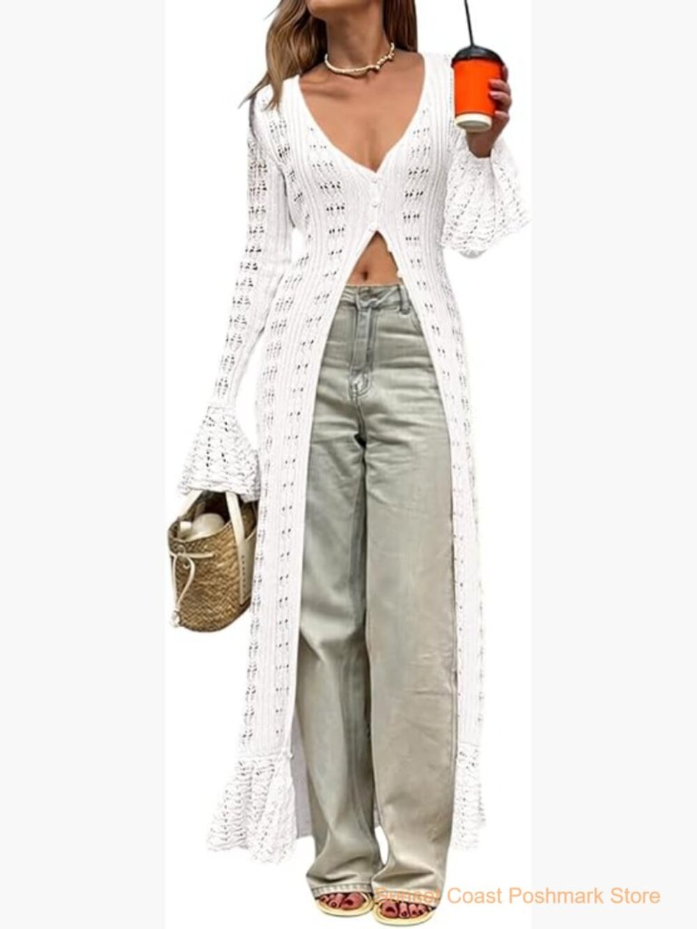 Crochet Long Cardigan Duster Button Up Bell Sleeve Boho Cover Up